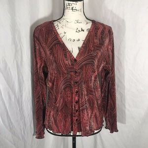 Choices Woman’s V-Neck Long Sleeve Button Down Stretch Patterned Blouse Sz M